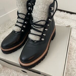 Women's Black and White Shearling Lace-Up Boots